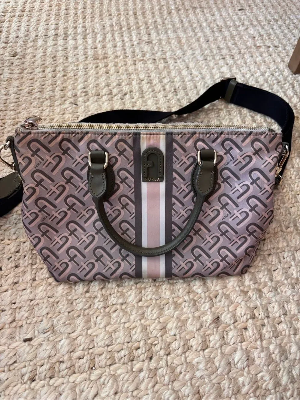Furla Monogram Nylon Satchel Crossbody Bag Pink Green Stripe Designer Tote, $395